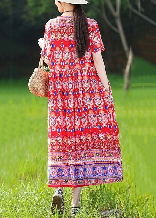 Loose Red V Neck Print Pockets Cotton Pajamas Dresses Summer MN067