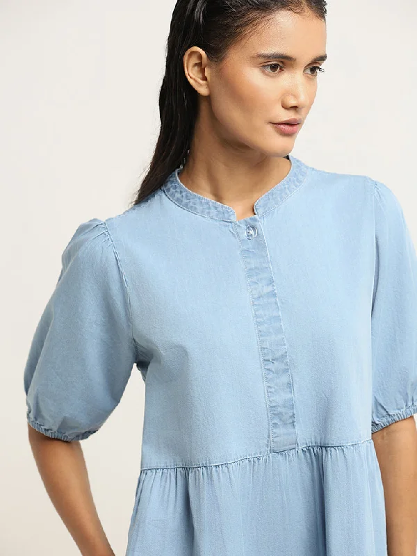 LOV Blue Cotton Tiered Dress