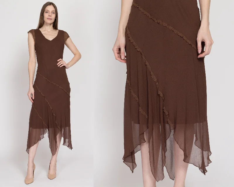 Medium 90s Brown Silk Scarf Hem Party Dress