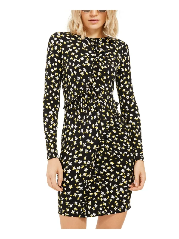 Michael Kors Women's Ruffled Floral Long Sleeve Crew Neck Above the Knee Sheath Dress Black Size Large