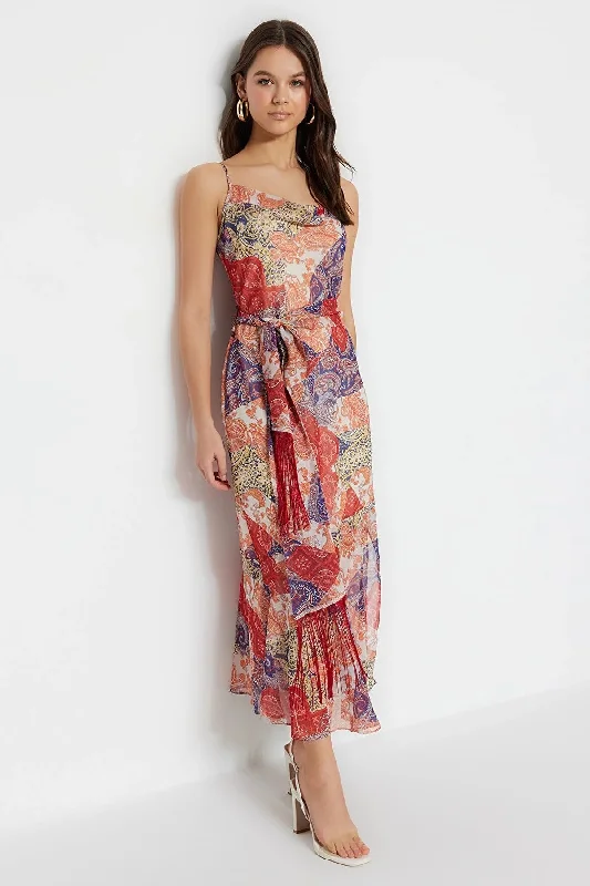 Multicolor Belted Maxi Woven Lined Tasseled Shawl Pattern Dress REF : TWOSS23EL01777