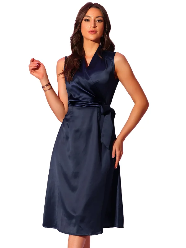 Satin Bodycon Tie Waist V Neck Sleeveless Midi Dress