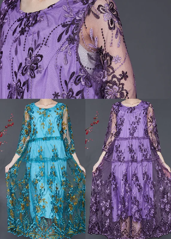 Purple Hollow Out Tulle Dress Embroidered Summer SD1096