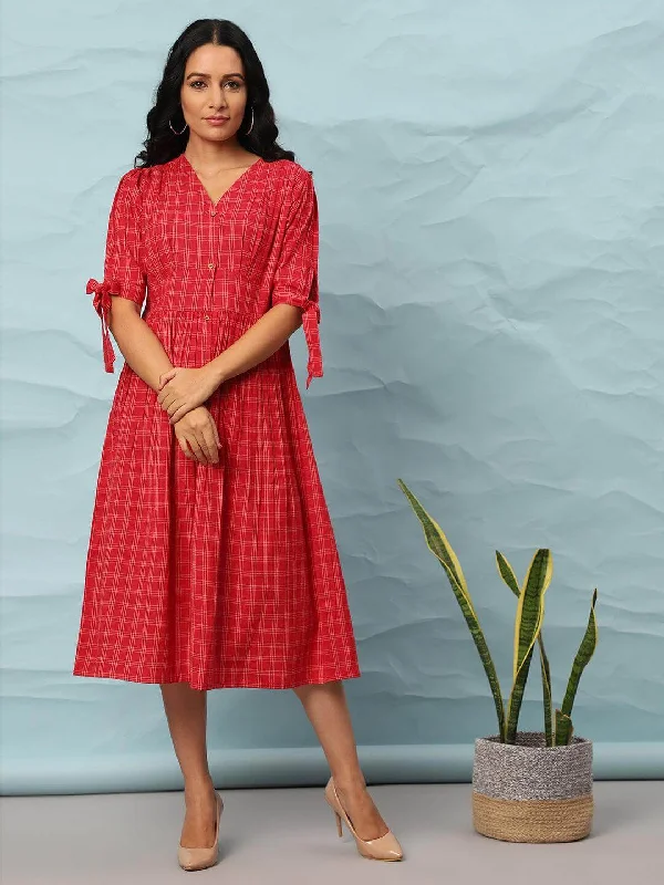 Red Cotton Checkered Flared Western Dress