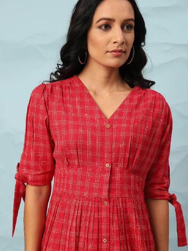 Red Cotton Checkered Flared Western Dress