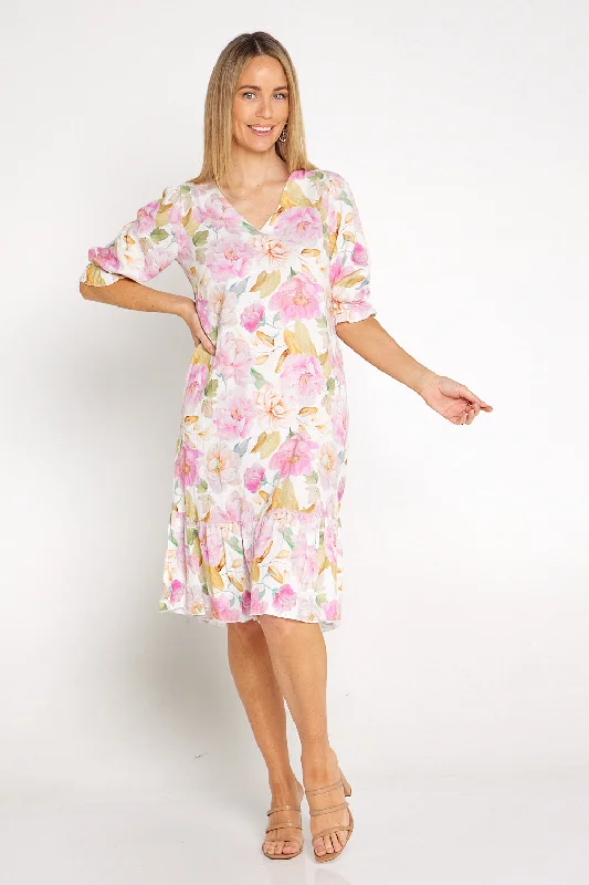 Reiko Linen Blend Dress - Pink Camellia