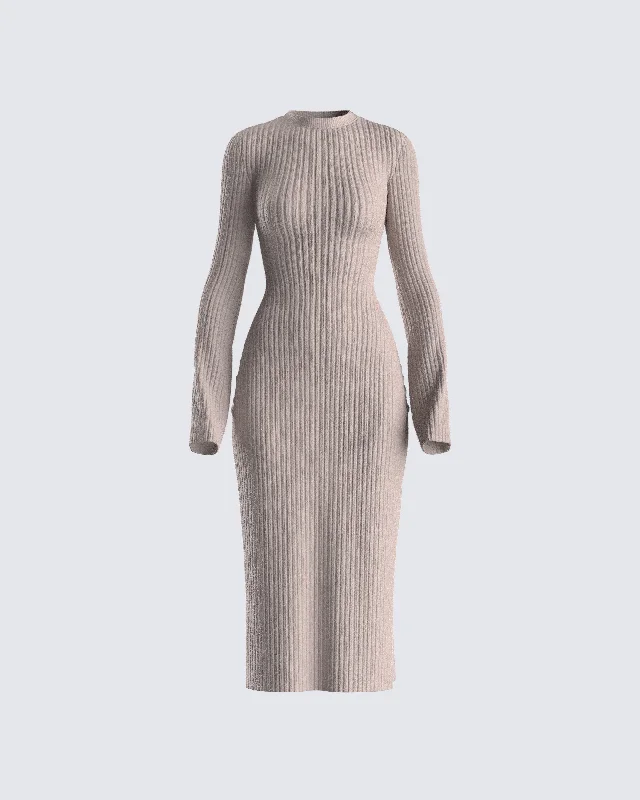 Rejina Taupe Wide Rib Midi Dress