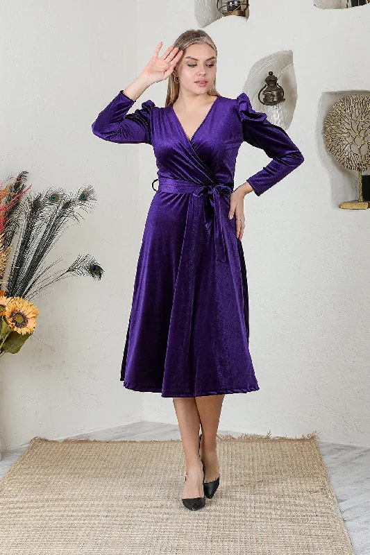 Robe mi-longue en velours violet à double boutonnage  dress REF:4006