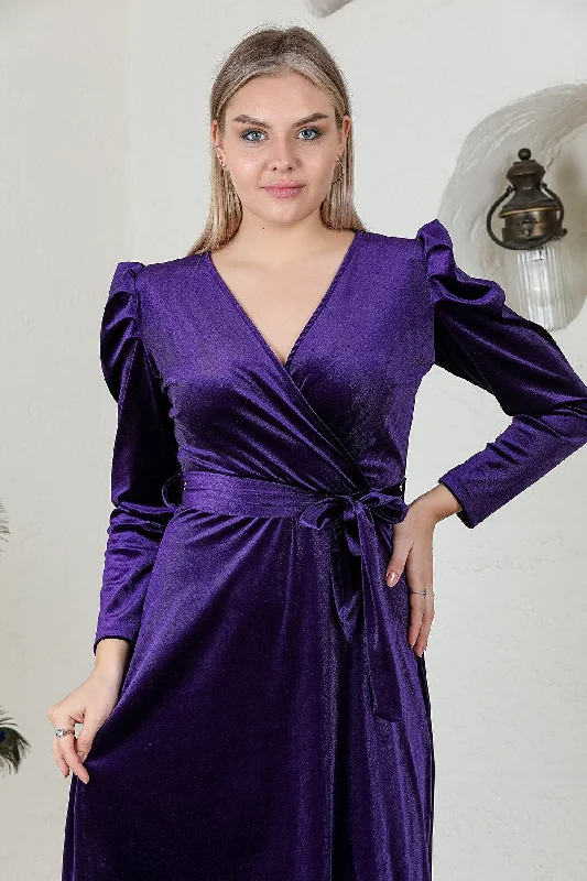 Robe mi-longue en velours violet à double boutonnage  dress REF:4006