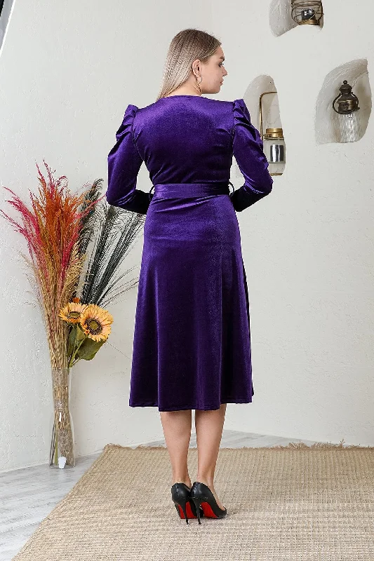 Robe mi-longue en velours violet à double boutonnage  dress REF:4006