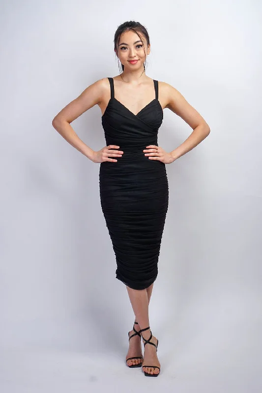 Black Surplice Mesh Bodycon Midi Dress