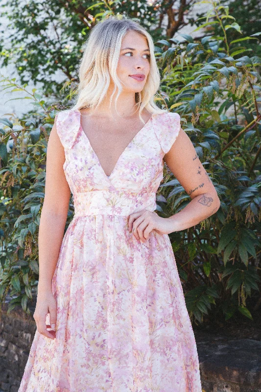 Serena Floral Midi Dress, Blush/Lavender/Apricot