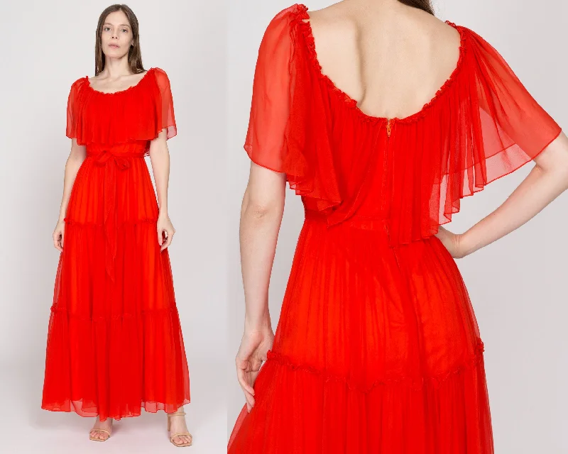 Small 70s Boho Blood Orange Chiffon Capelet Maxi Dress