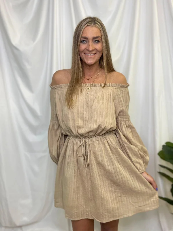 Taupe Off Shoulder Tie Waist Dress