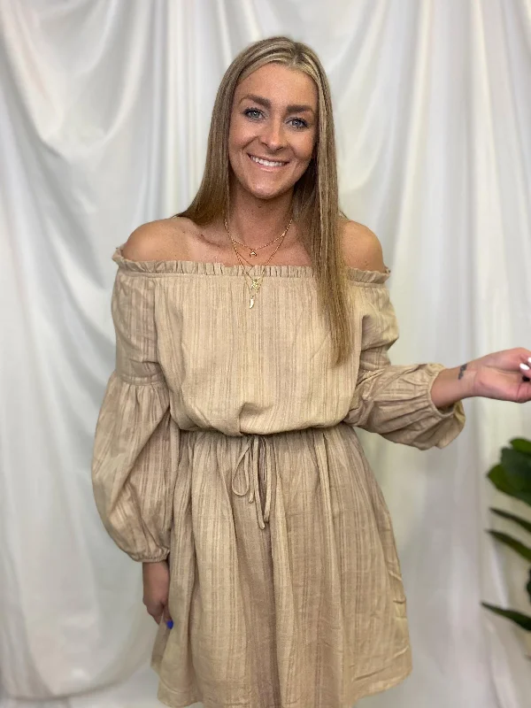 Taupe Off Shoulder Tie Waist Dress