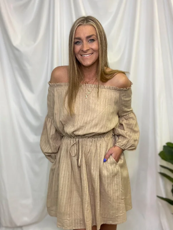 Taupe Off Shoulder Tie Waist Dress