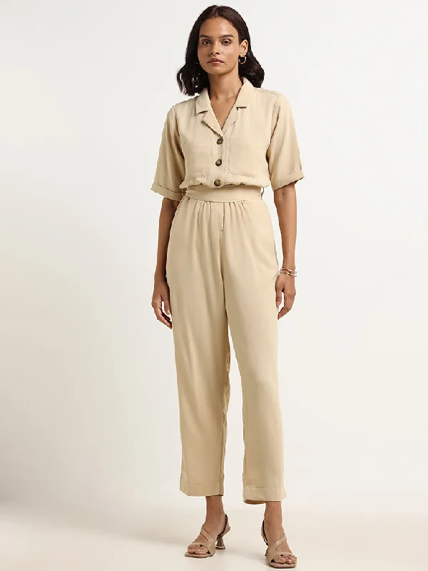 Wardrobe Beige Button-Down Jumpsuit with Belt