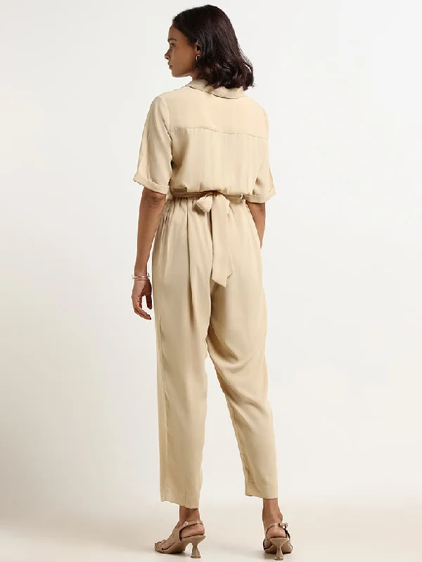 Wardrobe Beige Button-Down Jumpsuit with Belt