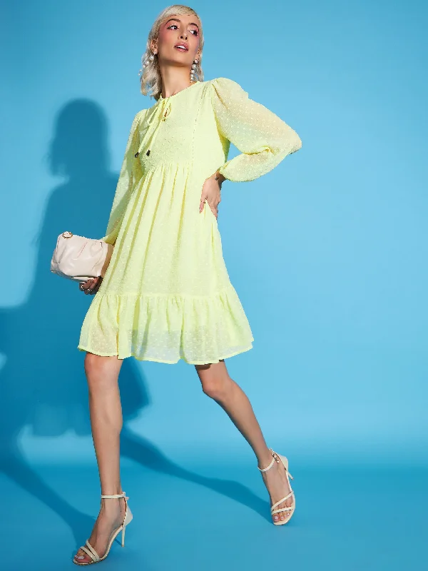 Women Yellow Dobby Frill Hem Short Dress