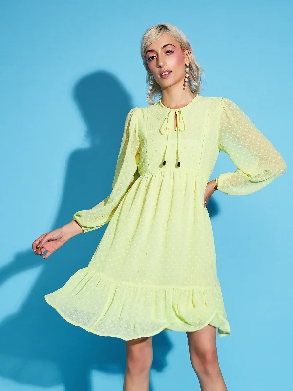 Women Yellow Dobby Frill Hem Short Dress