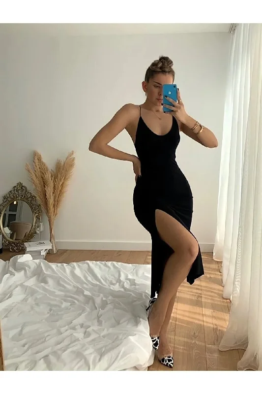 Women's Black Backless Slit Dress