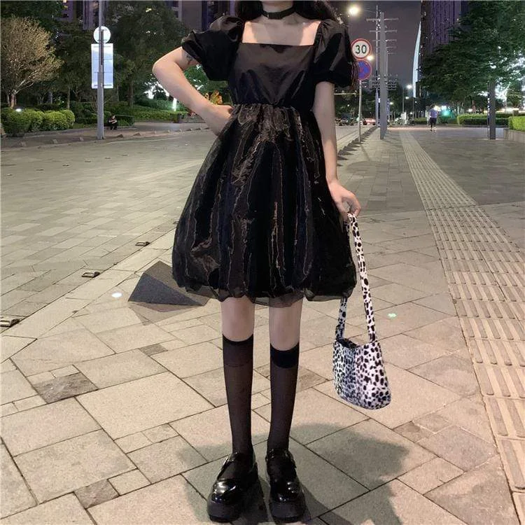 Women's Korean Fashion Square Collar Puff Sleeve Mesh Dresses