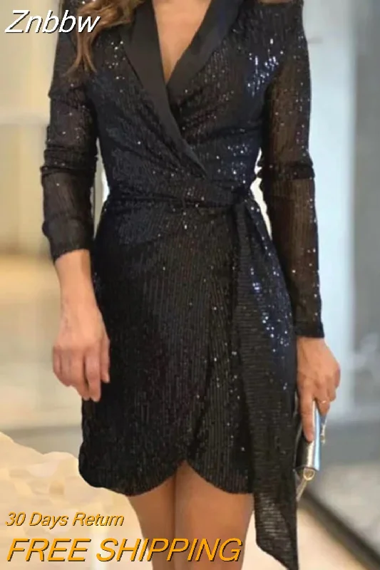 Znbbw Lapel Long Sleeve A-line Dress Fall Fashion Shiny Sequin Slim Party Dress 2023 Elegant Lace Up Draped Solid Shirt Dresses