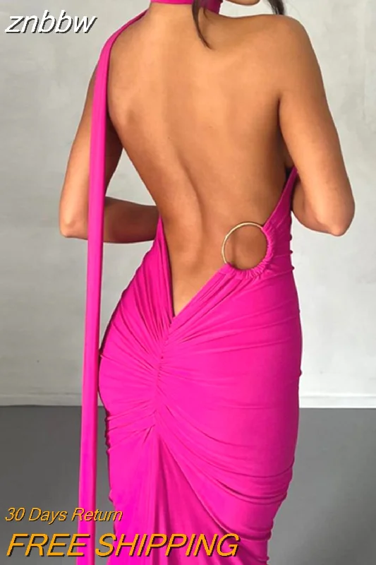 znbbw Oblique Shoulder Backless Long Maxi Dress For Women Gown Summer Elegant Sleeveless Ruched Party Club Prom Sexy Vestidos