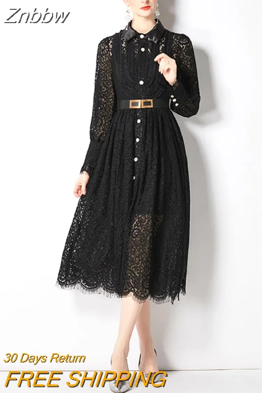 Znbbw Vintage Hollow Out Long Sleeve Over Knee Dress Women High Waist Sashes Buttons Female Black Lace Embroidery Dress