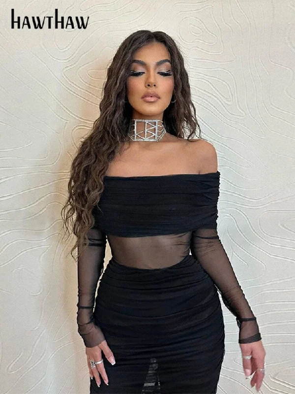 Znbbw Women Long Sleeve Mesh See Through Party Club Bodycon Black Midi Dress 2023 Fall Clothing Wholesale Items For Business