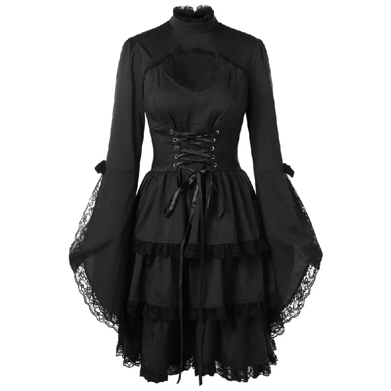 Znbbw Women Medieval Renaissance Bandage Black Dress Elegant Tunic Party Dress Ladies Flare Sleeve Lace Trim Cosplay Mini Dress