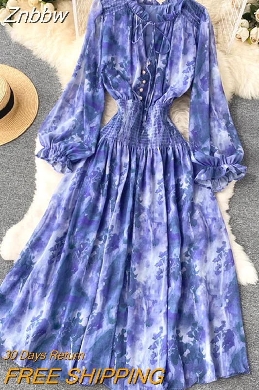 Znbbw Women Spring Autumn Winter Dress High Class Elegant Printing French Style Slim Bubble Sleeve Super Fairy Long Vestidos D2423