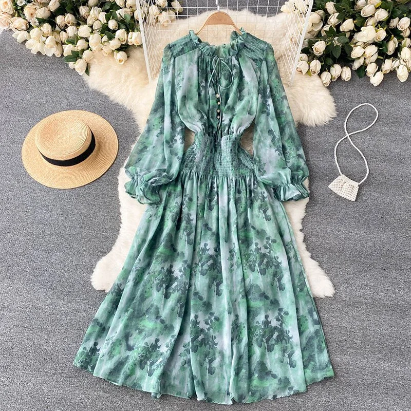 Znbbw Women Spring Autumn Winter Dress High Class Elegant Printing French Style Slim Bubble Sleeve Super Fairy Long Vestidos D2423