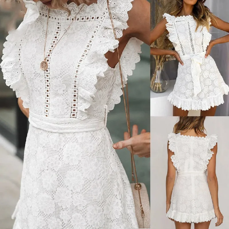 Znbbw Women Summer Elegant White Dress Lace Embroidered Evening Party Mini Dress Casual Ruffles Tassel Beach Summer Dress Sundress