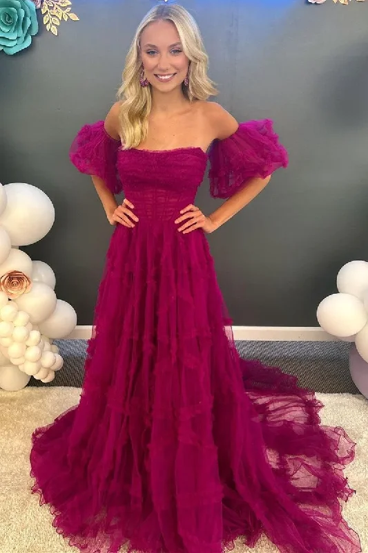 A-Line Strapless Ruffles Long Formal Dress with Puff Sleeves gh2702