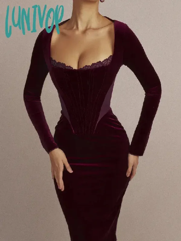 Lunivop Celebrity Christmas Evening Party Red Midi Dress Chic and Elegant Long Sleeve Corset Clothes Fall Winter Dresses