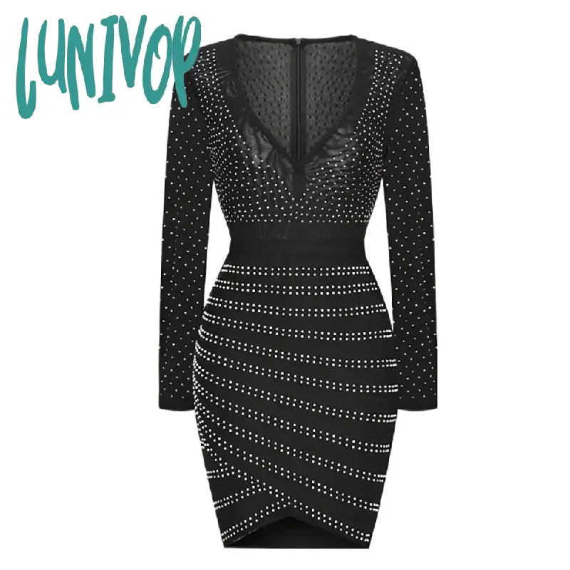 Lunivop New Sexy Fashion Beaded Long Sleeve V Neck Bandage Dress Luxury Designer Clothing Women Elegant Robe De Soiree Party Dresses