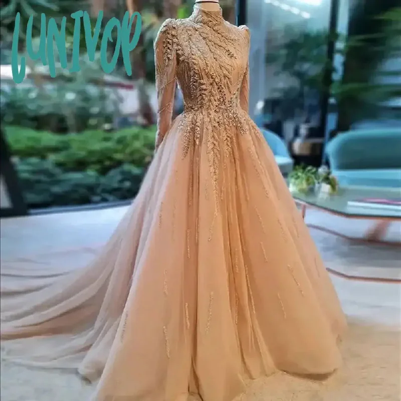 Lunivop Orange Lace Prom Dresses for Muslim Girls 2024 Long Sleeved High Neck Applique Princess Ball Gowns Homecoming robes de soirée