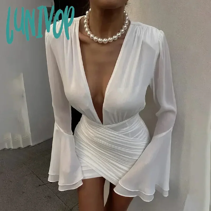 Lunivop Sexy Ruched Chiffon Long Sleeve Wrap Midi Dress for Women Party Club Fashion Outfits Flare Sleeve V Neck Dresses Mini Dress