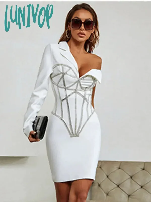 Lunivop Winter Sexy Long Sleeve Single Beading Sparkly White Mini Women Bodycon Bandage Dress Elegant Evening Party Dress Vestido