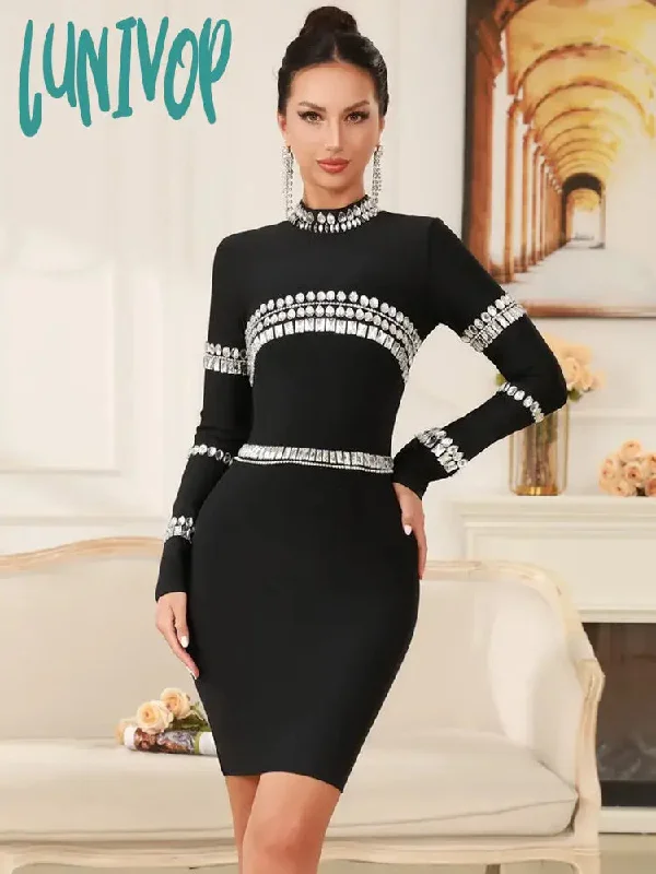 Lunivop Winter Women Celebrity Sexy Long Sleeve Diamonds Beading Black Mini Bandage Dress 2024 Knitted Elegant Evening Club Party Dress