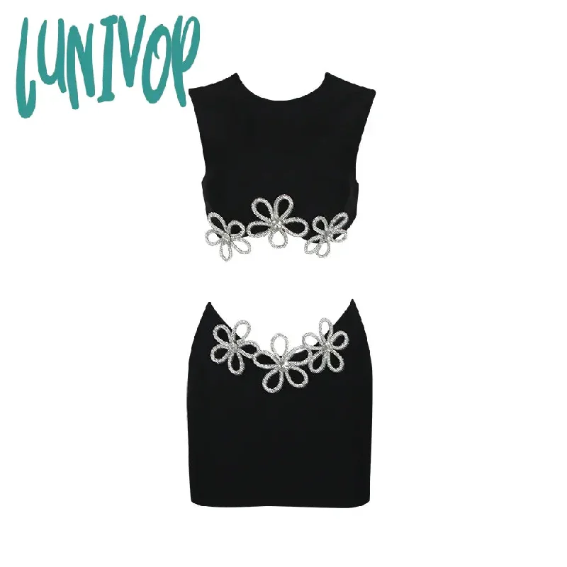 Lunivop Women Summer Celebrity Sexy Sleeveless Diamonds Black Mini Bandage Skirt Set Knitted Elegant Evening Club Party Dress Crop Top