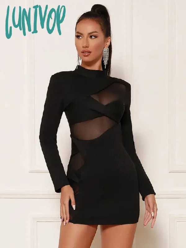 Lunivop Women Winter Sexy Long Sleeve Mesh Turtleneck Black Bodycon Mini Bandage Dress  Elegant Evening Celebrity Party Dress