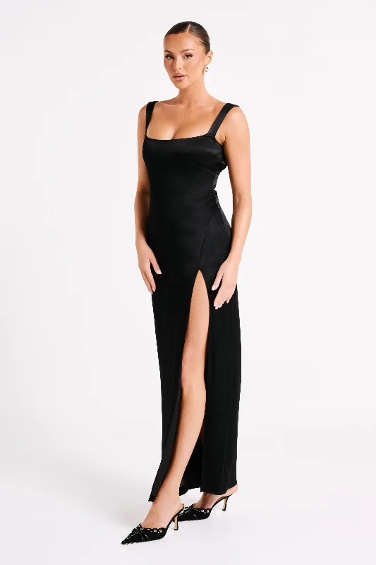 Verana Backless Satin Maxi Dress - Black