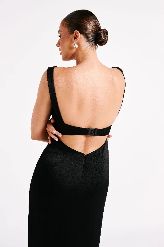 Verana Backless Satin Maxi Dress - Black