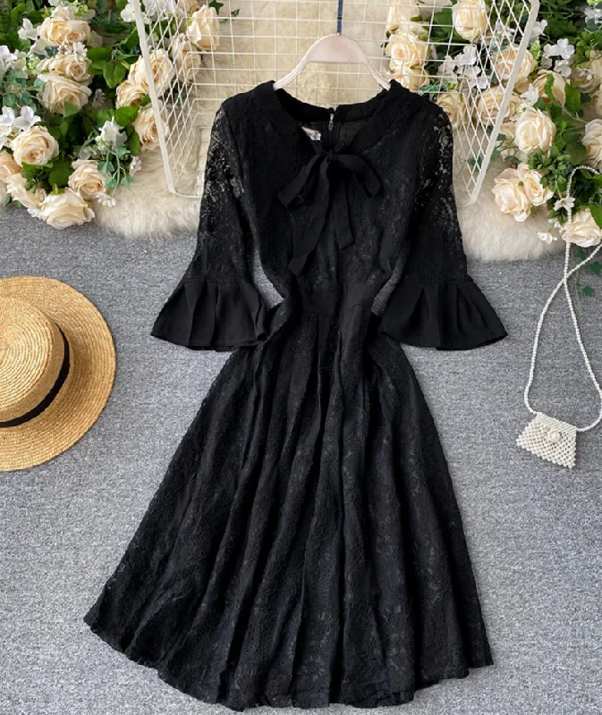 Black A line lace short dress  953