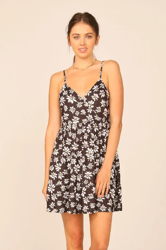 Black Sunflower Printed Knit Ruffle Dress