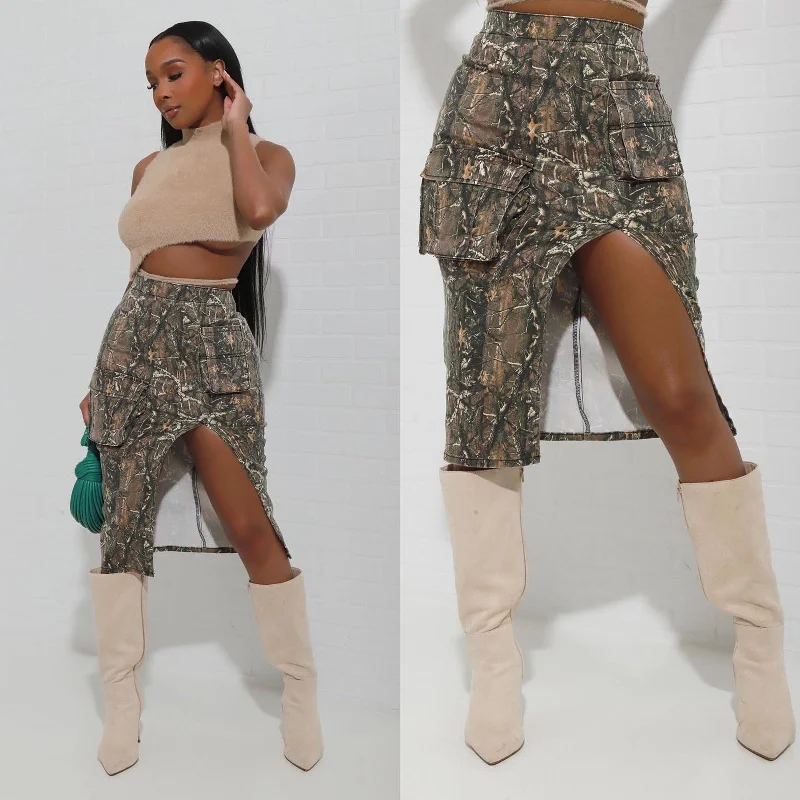 Camo Leaf Print Workwear Pocket Split Zip High Waist Skirt (CL11379)