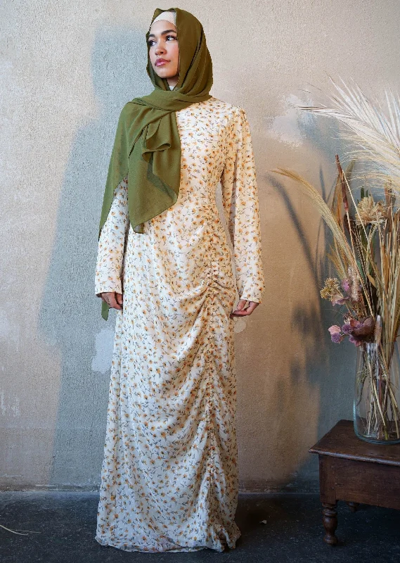 Hello Yellow Daisy Ruched Floral Long Sleeve Maxi Dress-CLEARANCE