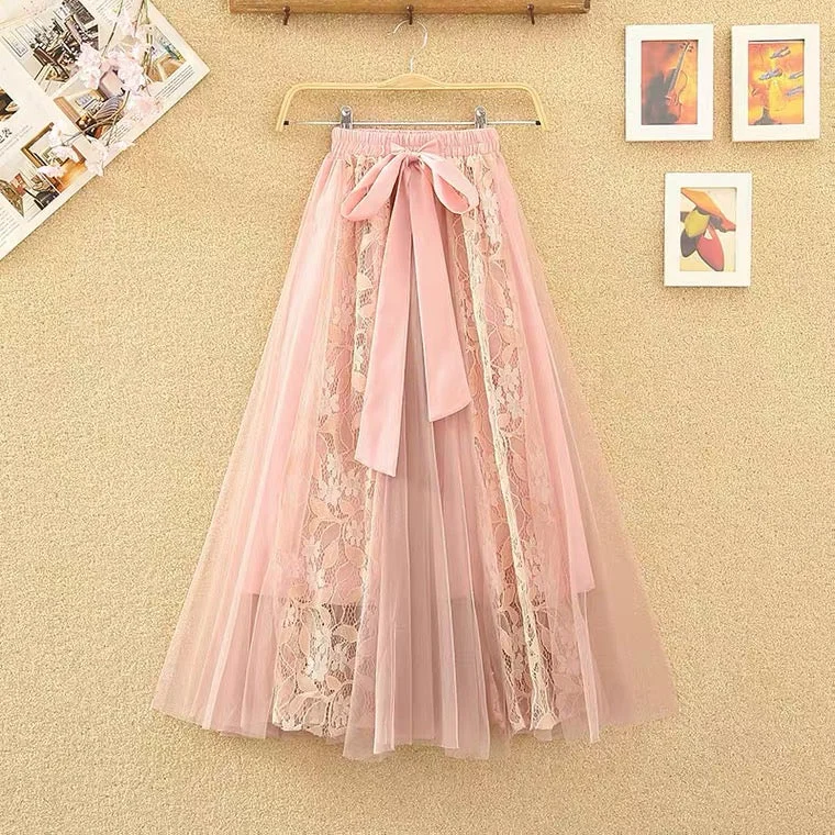 Fairy swing skirt, new style, bow, lace stitching, mesh high waist skirt, shaggy long gauze skirt  3520